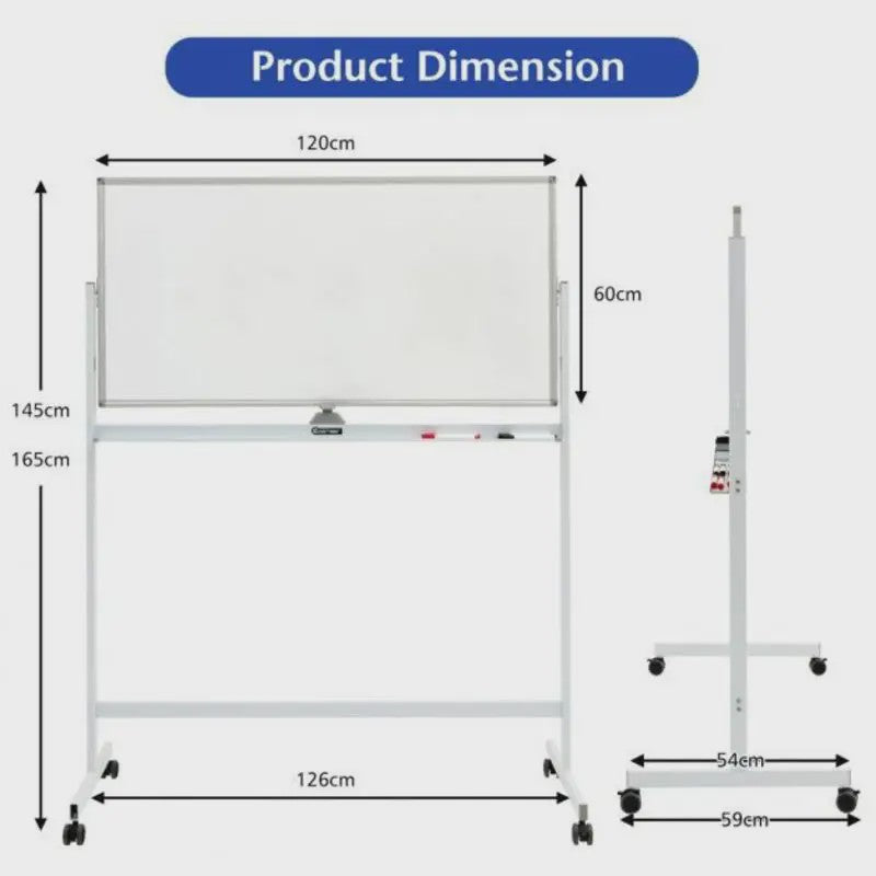 Mobiel Dubbelzijdig Magnetisch Whiteboard met Wieltjes, Pennen & Gum - 120x60cm