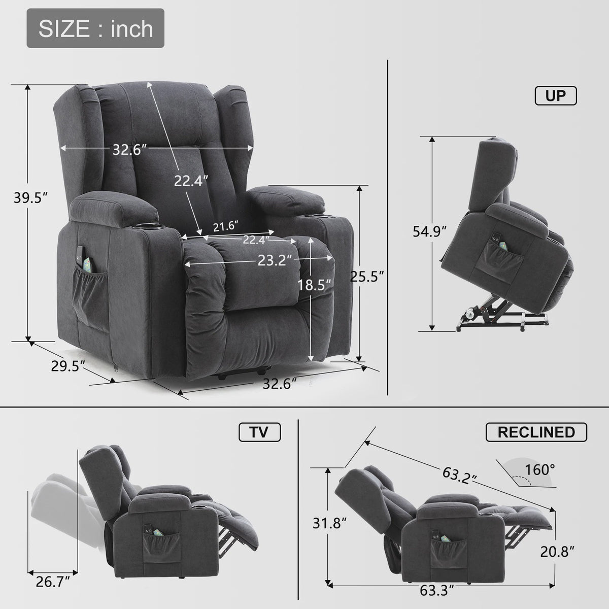 Elektrische Relaxfauteuil met Sta-Op Functie, Massage en Stoffen Bekleding