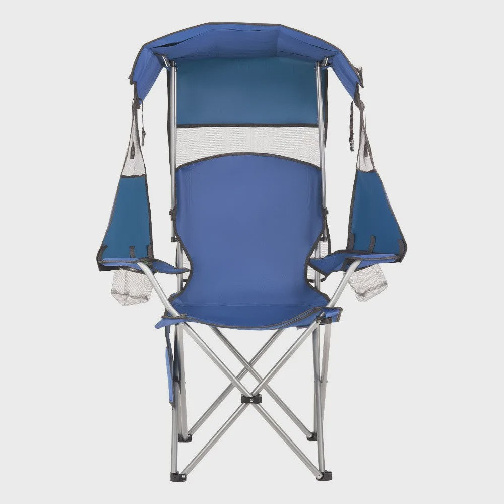 Comfortabele Campingstoel met Zonnedak, Bekerhouders en Opbergvak - Blauw