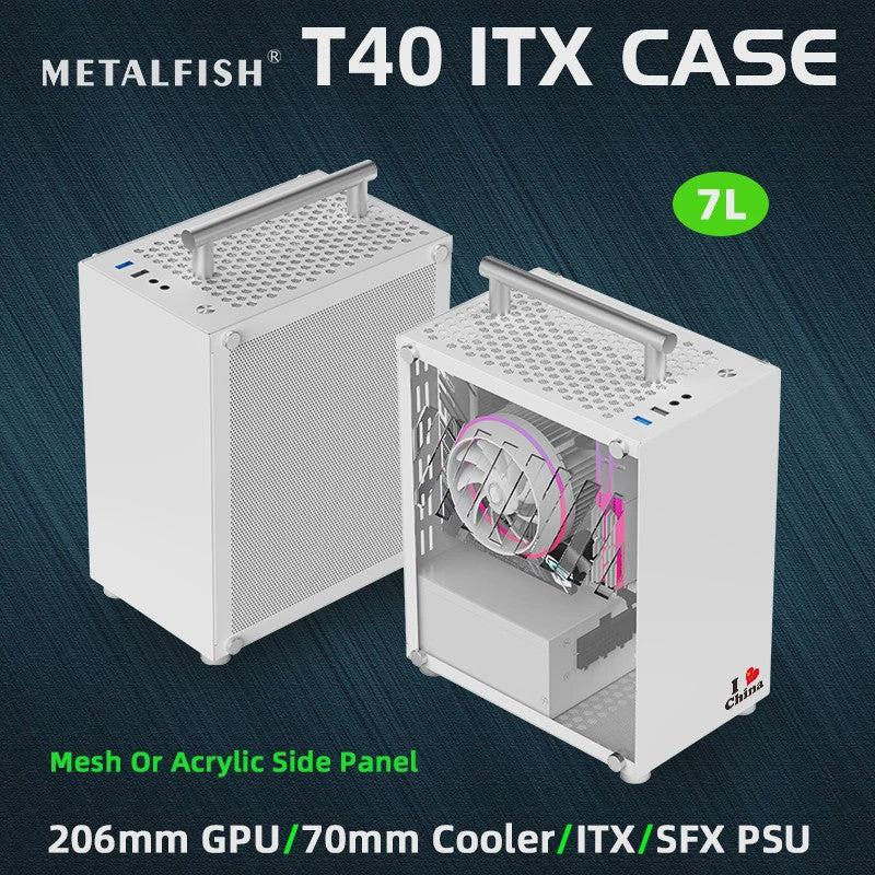 METALFISH T40 Mini ITX PC Behuizing - 7L Compact, Draagbaar met Acryl of Mesh Paneel