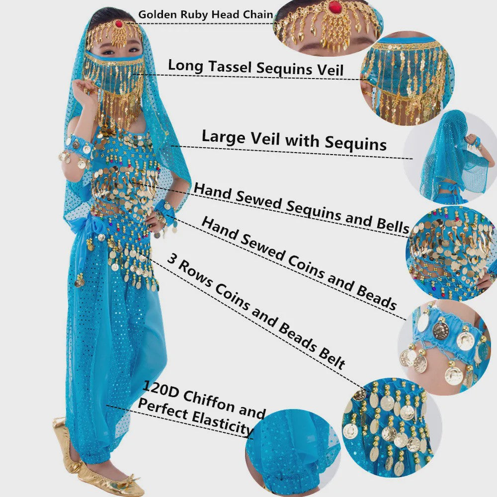 Kind Buikdans Kostuum Set: Broek, Sluier & Accessoires (2-8 Delig)