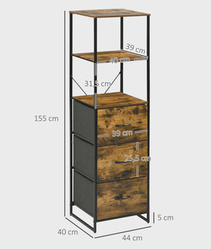 Industrieel Opbergmeubel met Planken en 3 Stoffen Lades - 44x40x155 cm