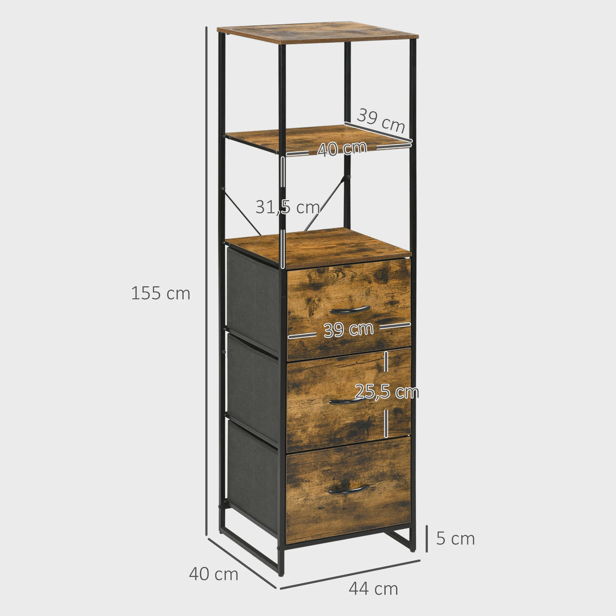 Industrieel Opbergmeubel met Planken en 3 Stoffen Lades - 44x40x155 cm
