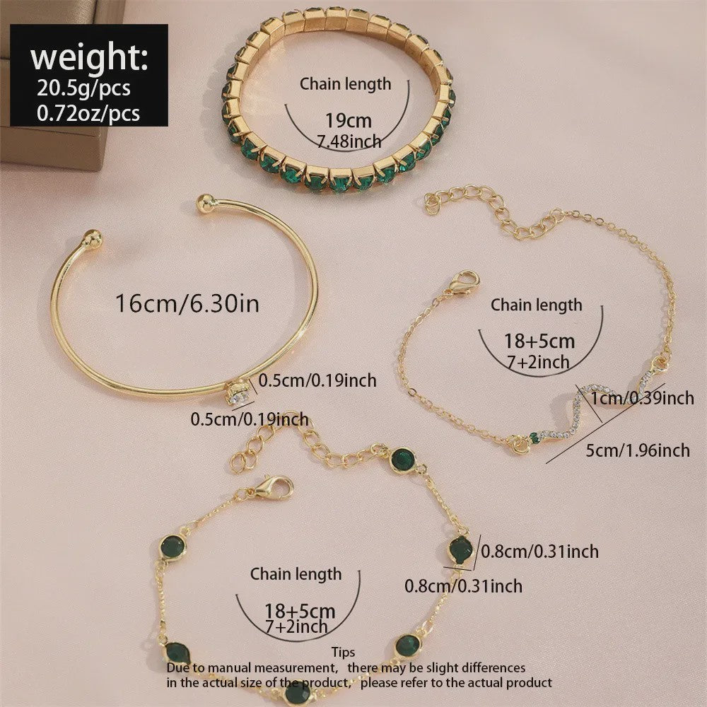 Set van 4 Luxe Armbanden met Groene Edelstenen en Strass - Stijlvolle Sieraden voor Dames