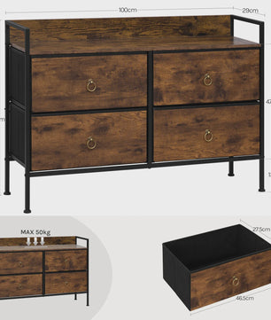 Vintage Bruine Ladekast met 4 Stoffen Lades - Stijlvolle Opbergkast voor Slaapkamer & Woonkamer