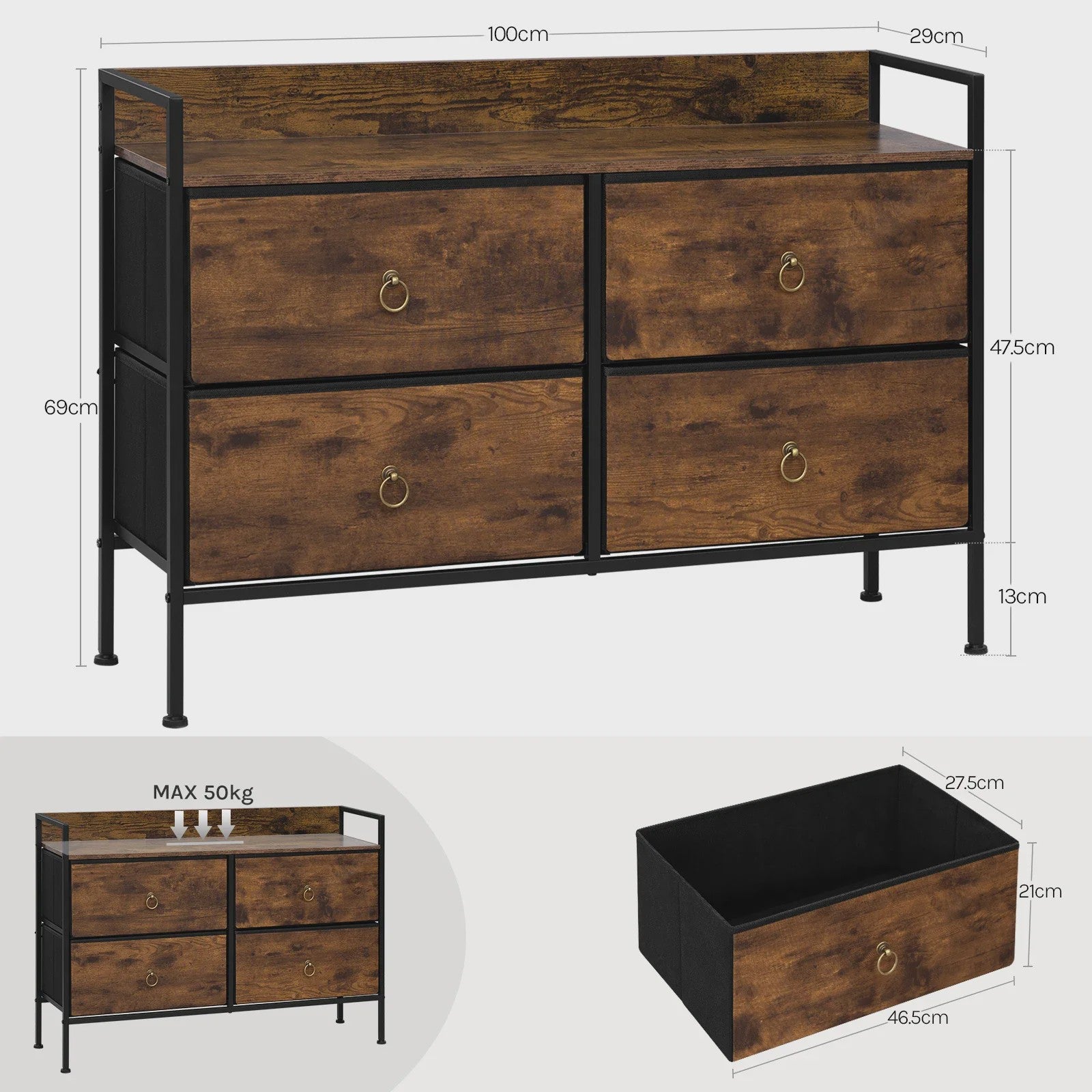 Vintage Bruine Ladekast met 4 Stoffen Lades - Stijlvolle Opbergkast voor Slaapkamer & Woonkamer