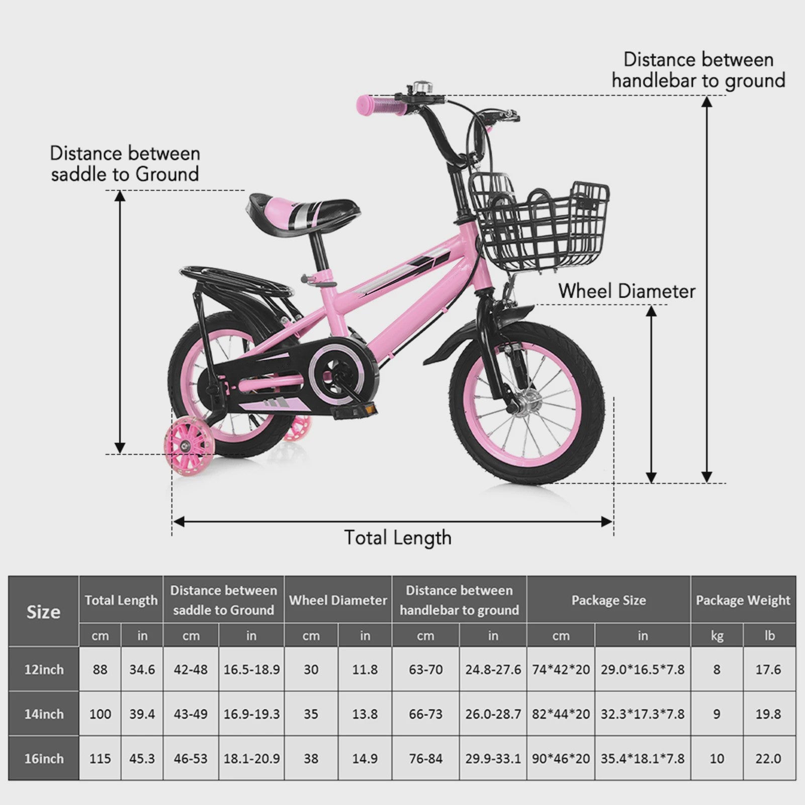 Kinderfiets 14/16 inch met Mandje - Verstelbare Hoogte - Voor Jongens en Meisjes (2-7 jaar)