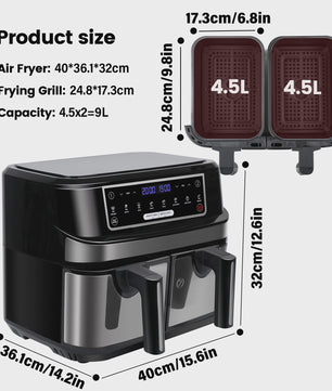 Dubbele Airfryer XXL 9L met 2 Onafhankelijke Lades & LED Touchscreen