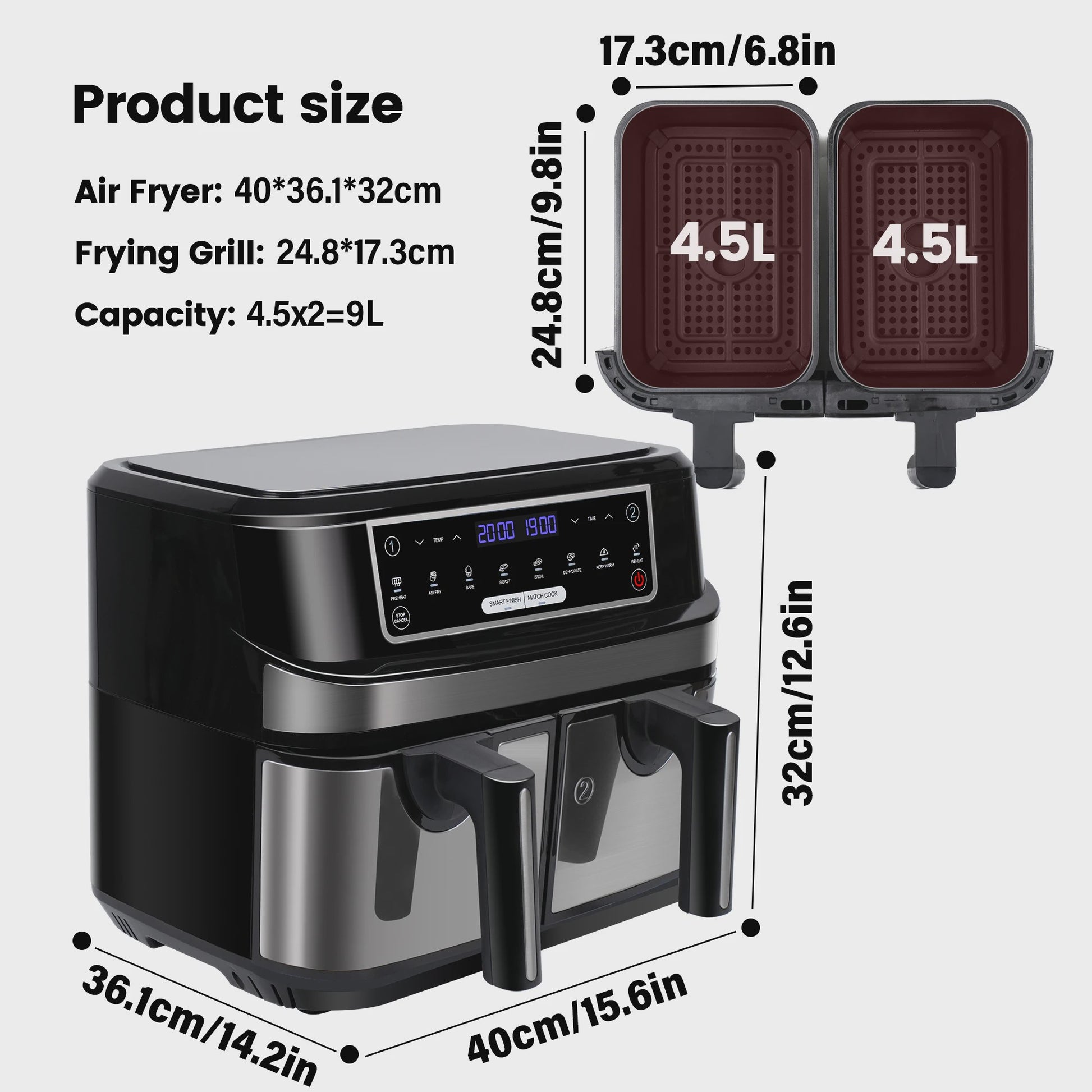 Dubbele Airfryer XXL 9L met 2 Onafhankelijke Lades & LED Touchscreen
