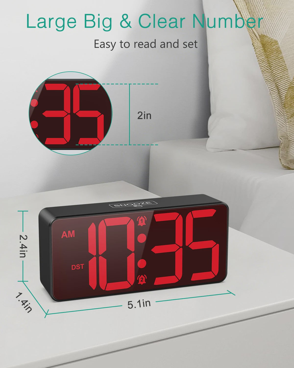 ORIA Digitale Wekker - Batterijgevoed met Groot LED Display, Dubbel Alarm & Snooze