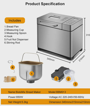 Biolomix Broodmachine RVS - 1KG Capaciteit, 19 Programma's, Automatische Fruitdispenser