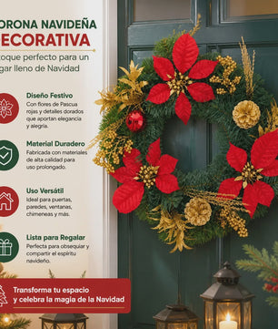 Kunstkerstkrans Rood met Poinsettia & Gouden Dennenappels - 45/55cm