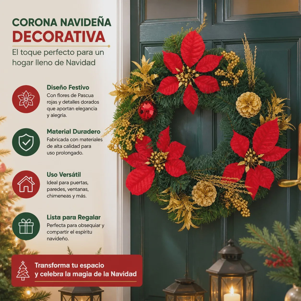 Kunstkerstkrans Rood met Poinsettia & Gouden Dennenappels - 45/55cm
