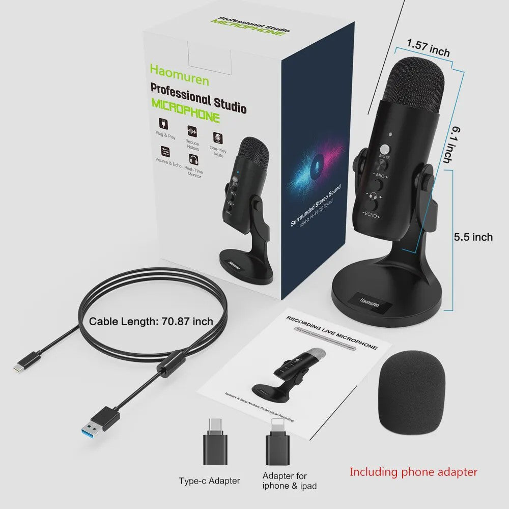 Haomuren USB Condenser Microfoon voor PC, Mac, Gaming, Streaming & Podcasts - Met Telefoon Adapter & Koptelefoon Uitgang