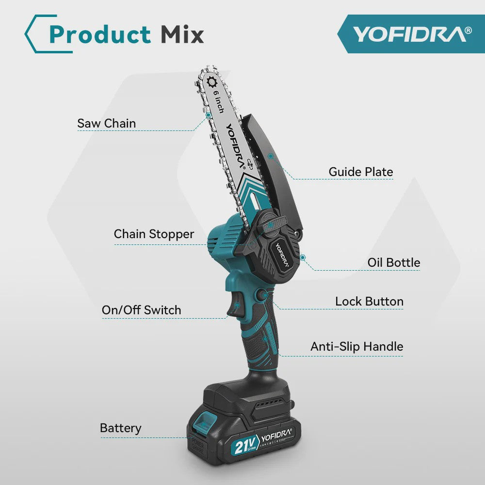 YOFIDRA 6-Inch Snoerloze Elektrische Kettingzaag - Krachtig Snoeien & Houtkloven (21V Batterij)