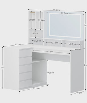 L-vormige Kaptafel met Groot LED Spiegel, Lades en Open Vakken - Wit
