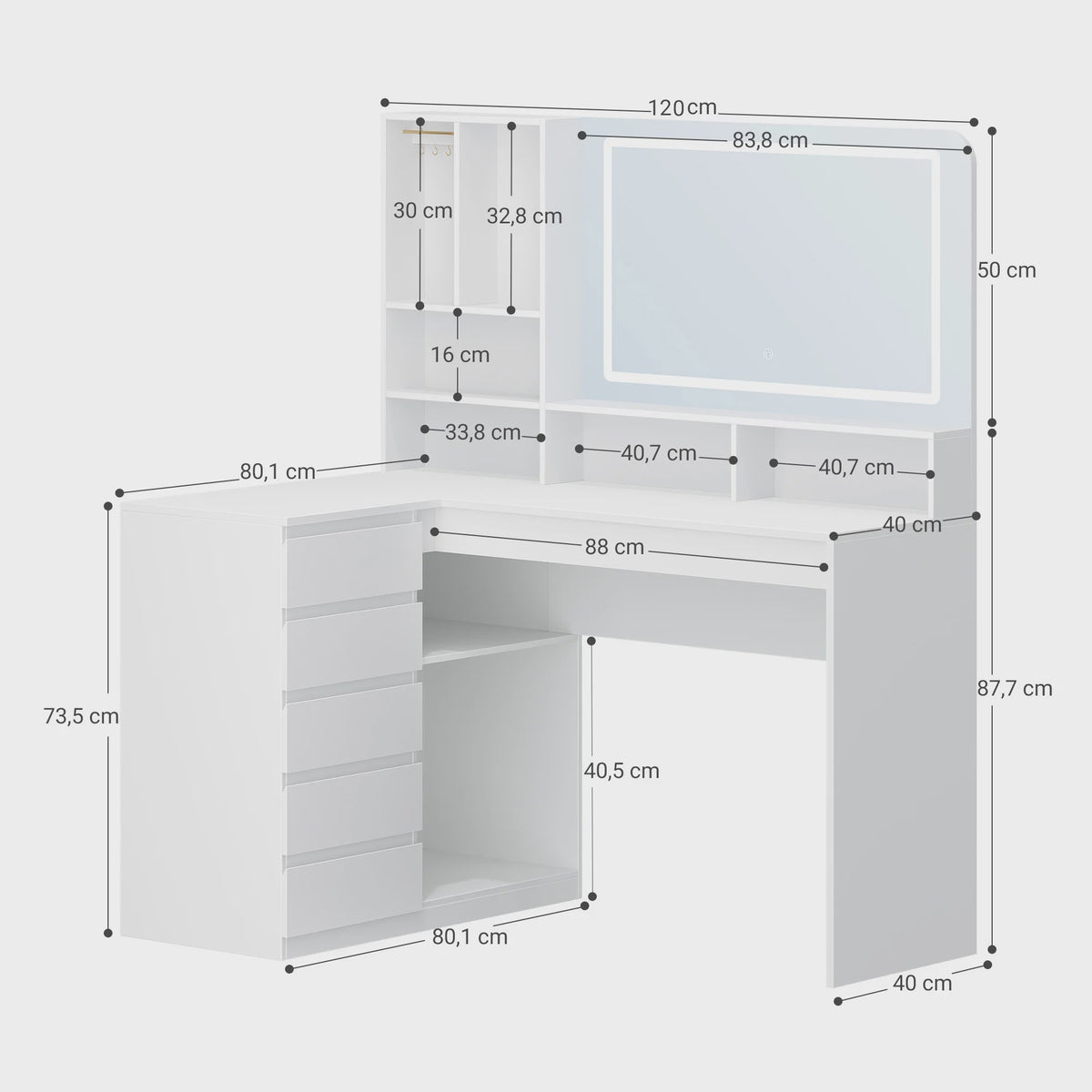 L-vormige Kaptafel met Groot LED Spiegel, Lades en Open Vakken - Wit
