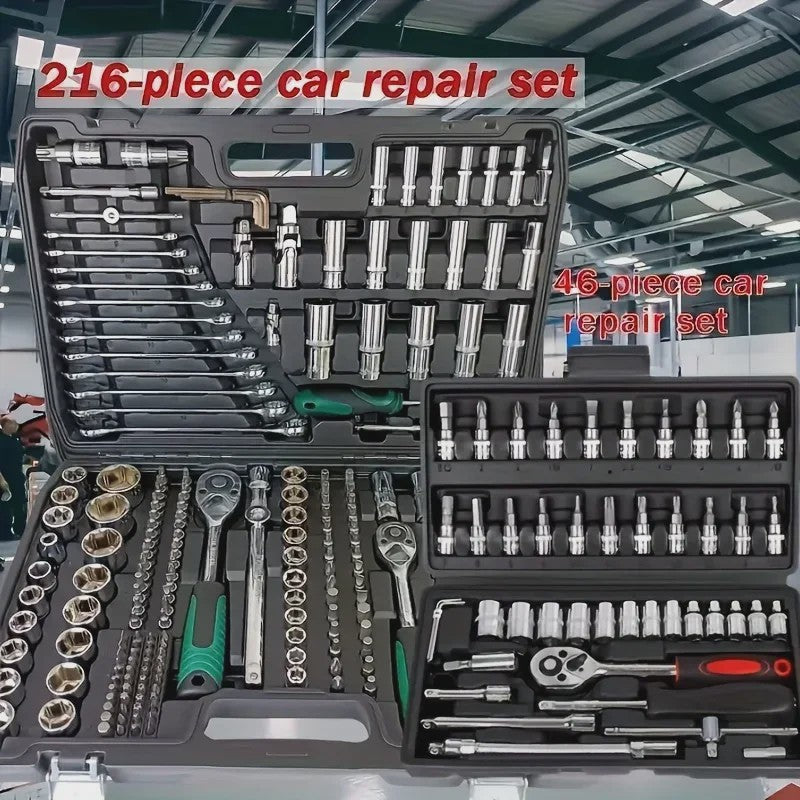 216-delige Professionele Doppenset: SAE & Metrisch, 1/4", 3/8", 1/2" Aandrijving met 72-Tands Ratel voor Auto & Huis