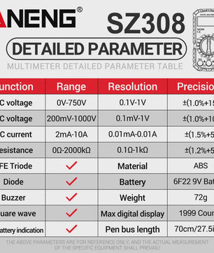 ANENG SZ308 Digitale Multimeter: AC/DC Metingen, Weerstand, LCD Scherm & Vierkante Golf Test
