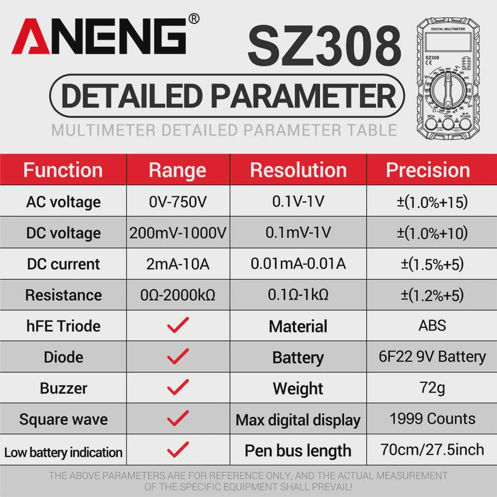 ANENG SZ308 Digitale Multimeter: AC/DC Metingen, Weerstand, LCD Scherm & Vierkante Golf Test