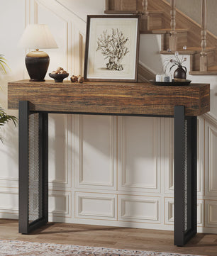 Industriële Houten Console Tafel met Opbergruimte en Metalen Mesh Poten - 104 cm