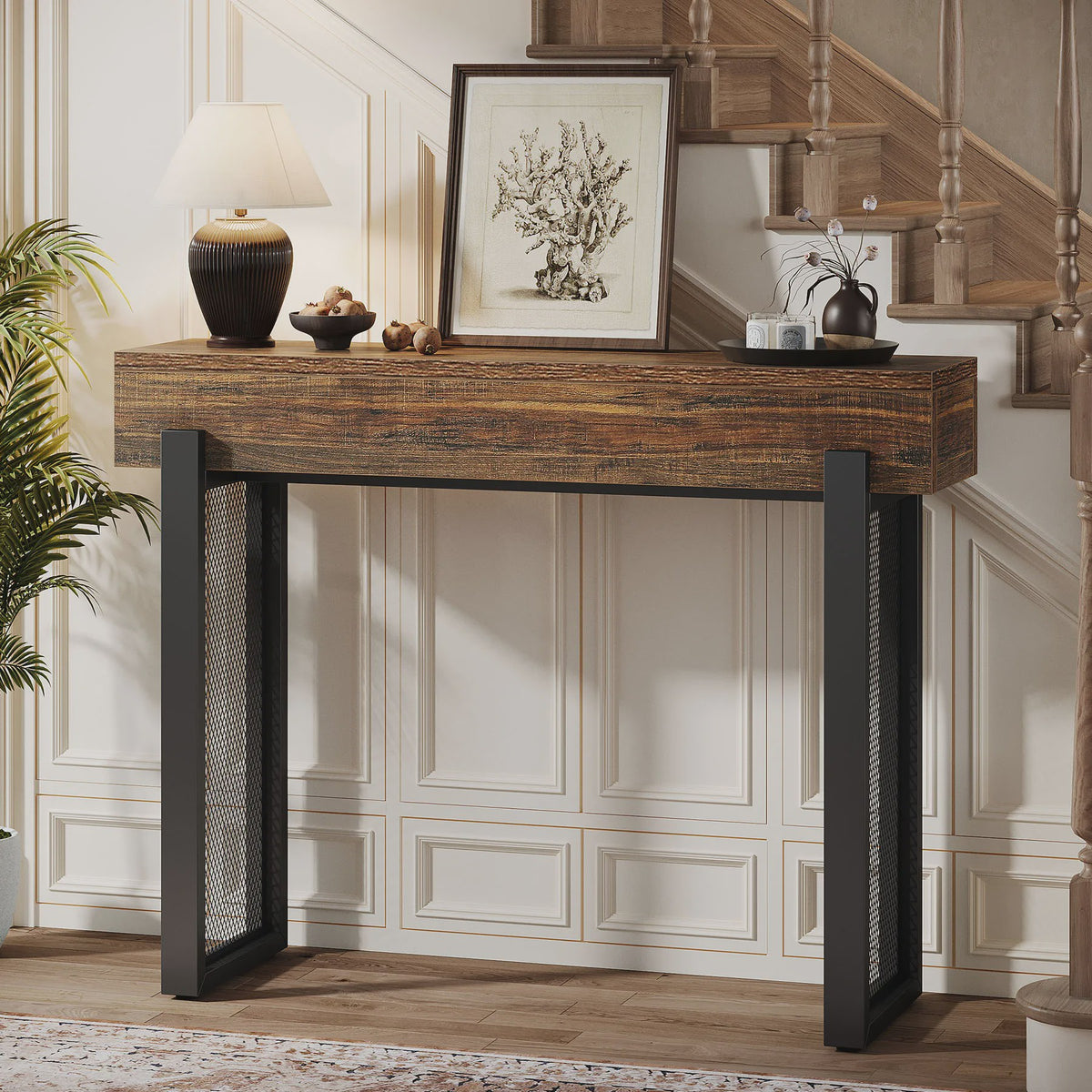 Industriële Houten Console Tafel met Opbergruimte en Metalen Mesh Poten - 104 cm