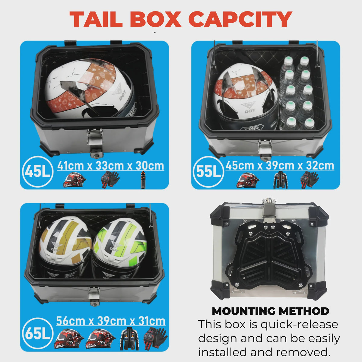 Universele Motor Topcase Aluminium Bagagekoffer - 45L/55L/65L - Quick-Lock