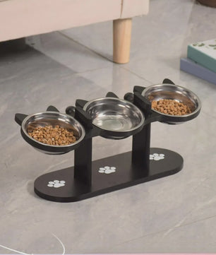 Verhoogde Voerbak Set voor Katten en Honden met 3 RVS Bakjes en Verstelbare Hoogte