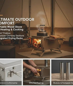 80-Inch RVS Camping Houtkachel met 8 Pijpen - Draagbaar & Efficiënt voor Buiten Koken & Verwarming