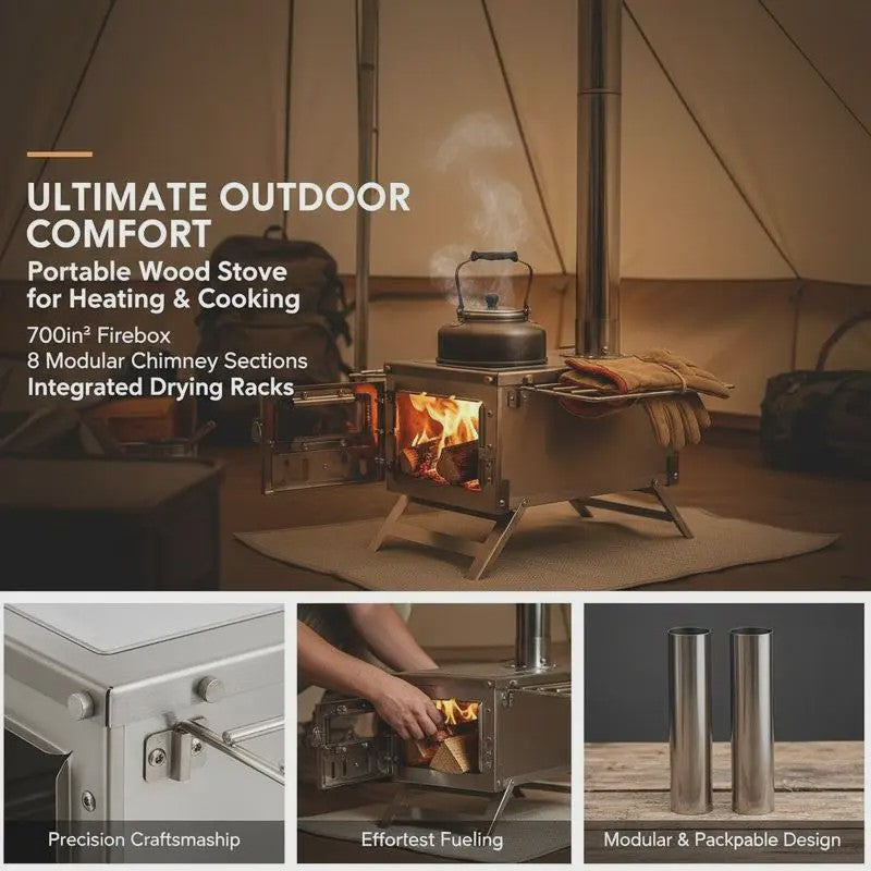 80-Inch RVS Camping Houtkachel met 8 Pijpen - Draagbaar & Efficiënt voor Buiten Koken & Verwarming