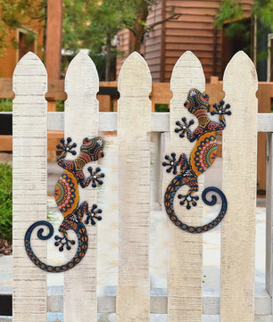 Set van 2 Metalen Gekko Wanddecoratie - Levendige Tribal Patronen voor Binnen & Buiten