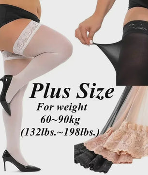Ultra Dunne Kant Kousen tot Boven de Knie voor Plus Size Dames - Zwart & Wit
