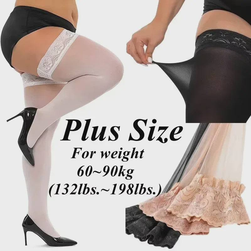 Ultra Dunne Kant Kousen tot Boven de Knie voor Plus Size Dames - Zwart & Wit