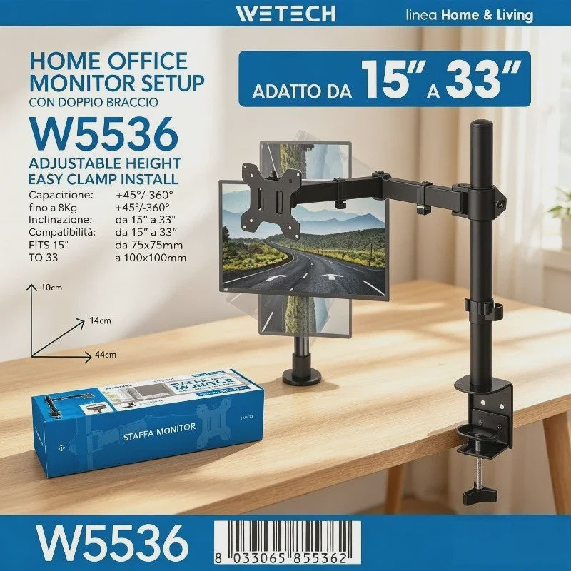 WETECH W5536 Monitor Arm: Verstelbare Desk Mount voor 15-33 Inch Schermen, 8kg Belasting, VESA 75/100, 360° Rotatie