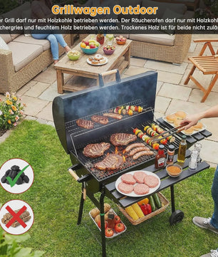 Charcoal BBQ Grillwagen met Deksel, Thermometer en Zijtafel - Perfect voor Tuinfeesten