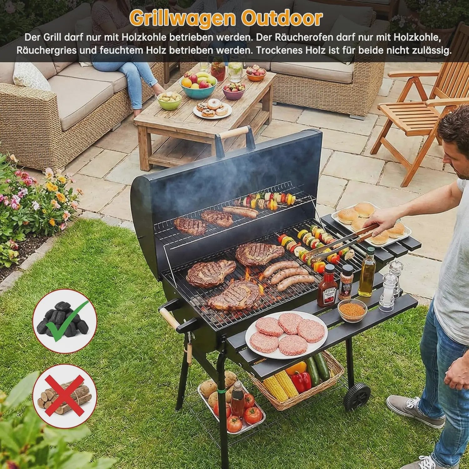 Charcoal BBQ Grillwagen met Deksel, Thermometer en Zijtafel - Perfect voor Tuinfeesten