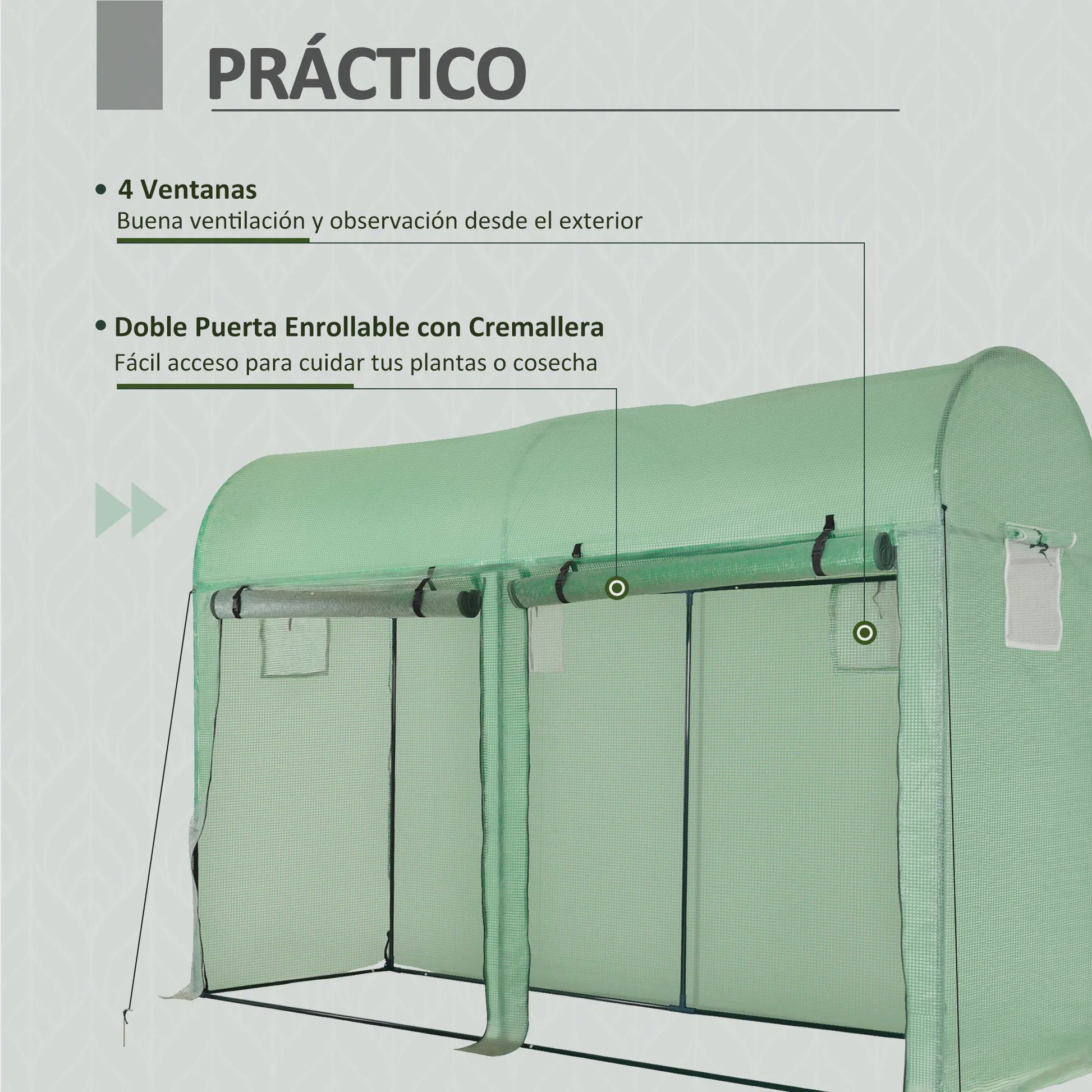 Outsunny Greenhouse Tunnel Garden Shed Greenhouse with 4 Windows and 2 Doors Made of Pe and Steel 300X100X200 cm Green