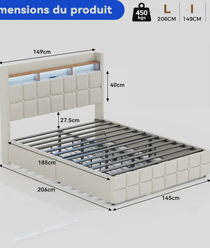 Luxe Gestoffeerd 2-Persoons Bed 140x190cm met PU Hoofdbord, LED Verlichting, USB & Opbergruimte