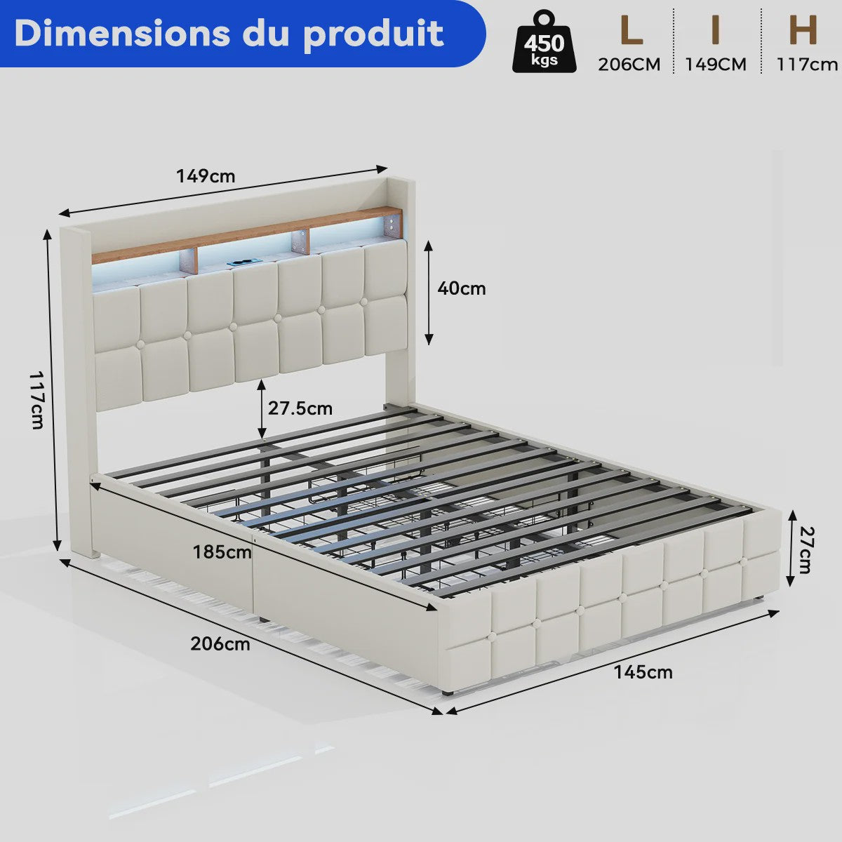 Luxe Gestoffeerd 2-Persoons Bed 140x190cm met PU Hoofdbord, LED Verlichting, USB & Opbergruimte