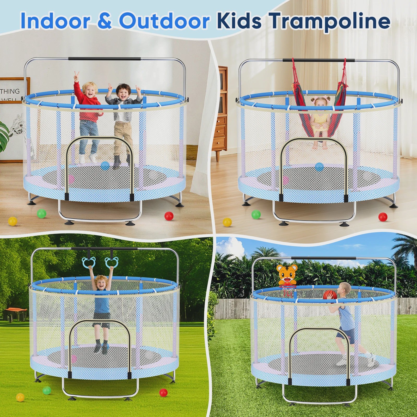 150cm Kids Trampoline,Adjustable Baby Toddler Trampoline with Basketball Hoop, Swing, Sandbag, Ocean Balls,330lbs Indoor Outdoor