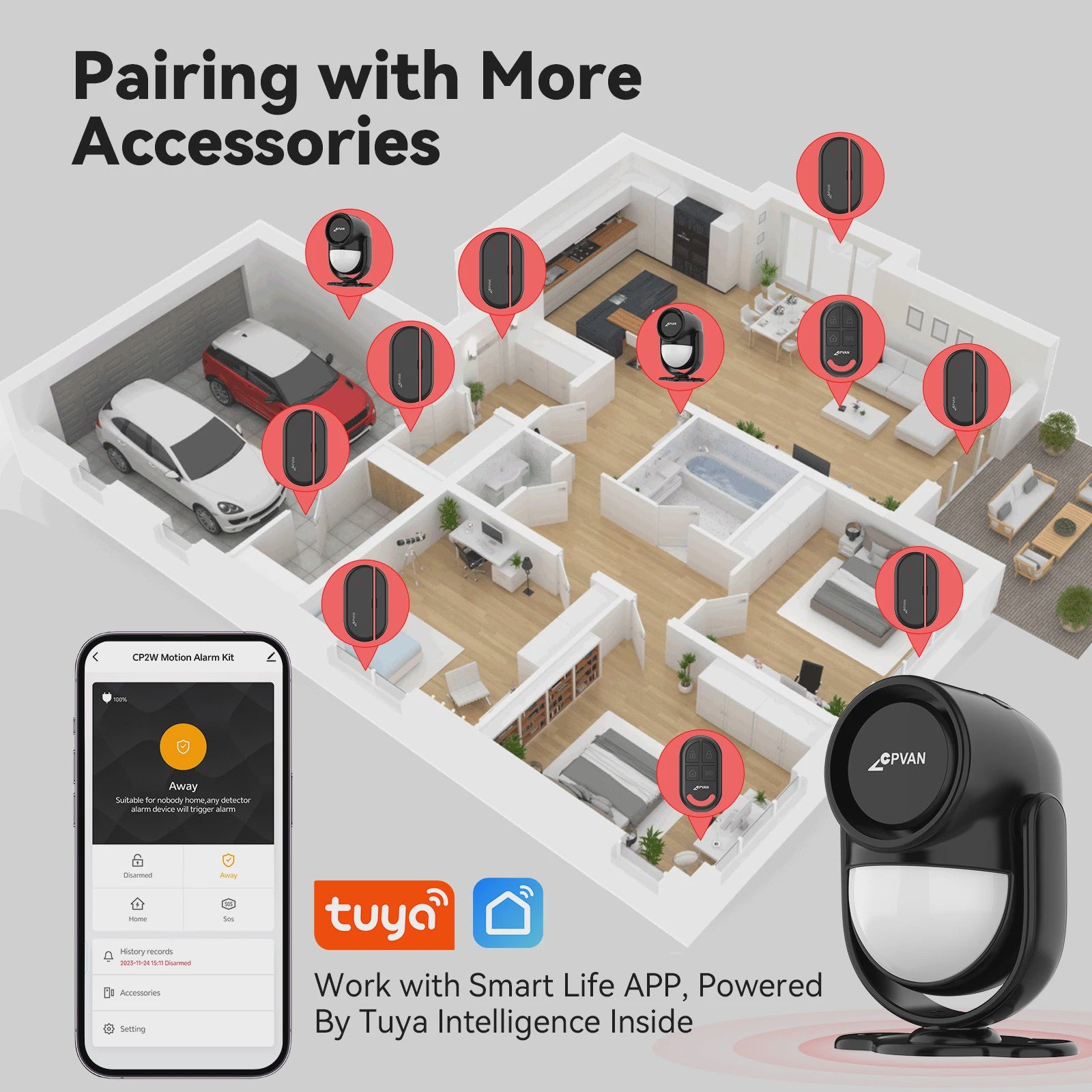 CPVAN Smart Home Alarm Systeem met PIR Bewegingsmelder, Deursensor en Afstandsbediening - Tuya WIFI