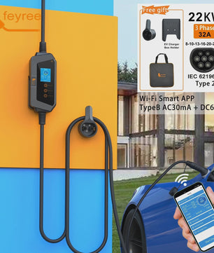 Feyree 22KW 3-Fase Draagbare EV Charger Type 2 met Wi-Fi APP Controle