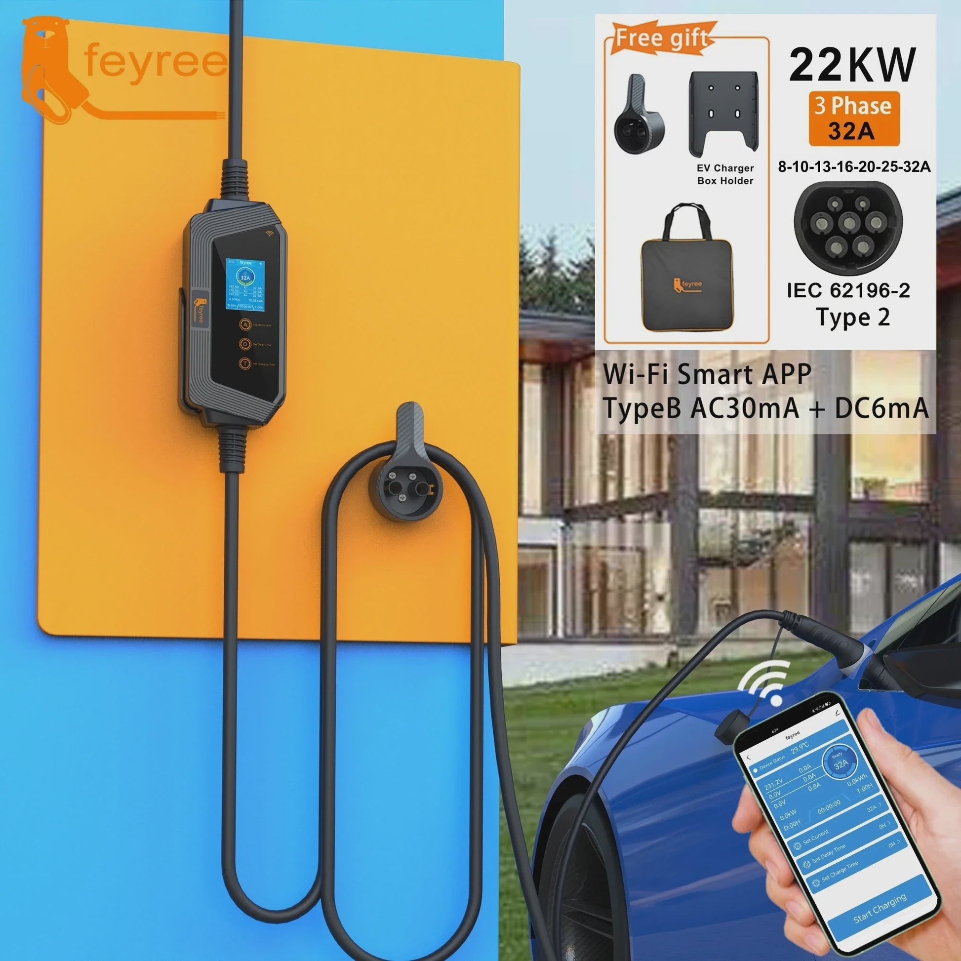 Feyree 22KW 3-Fase Draagbare EV Charger Type 2 met Wi-Fi APP Controle