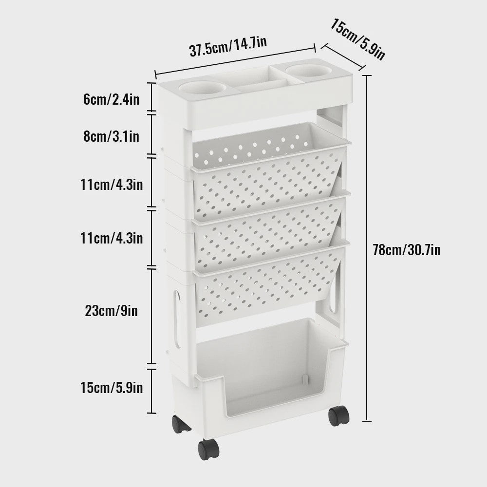Verrijdbare Opbergtrolley met 5 Lagen - Multifunctioneel Bureau en Boekenkast Organizer