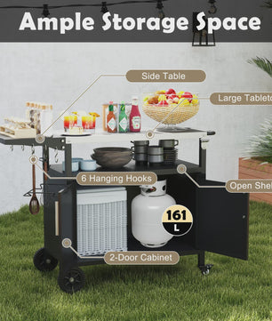 Outdoor Keuken Eiland Grill Cart met Opbergruimte en Inklapbaar RVS Werkblad - Zwart