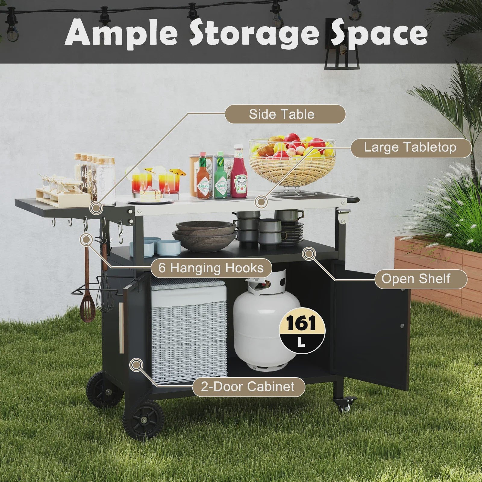 Outdoor Keuken Eiland Grill Cart met Opbergruimte en Inklapbaar RVS Werkblad - Zwart