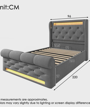 Modern Gestoffeerd 1-persoonsbed 90x200cm met LED-verlichting, USB/Type-C en Hydraulische Opbergruimte
