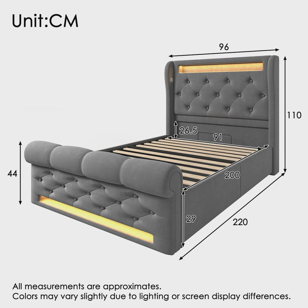 Modern Gestoffeerd 1-persoonsbed 90x200cm met LED-verlichting, USB/Type-C en Hydraulische Opbergruimte