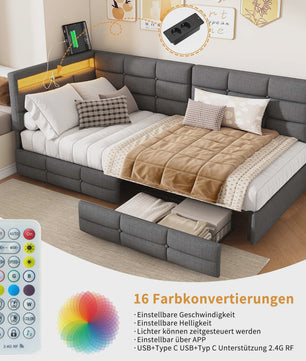 Multifunctioneel Sofa Bed met LED Verlichting, USB Opladen en 2 Lades - 90/140x200cm