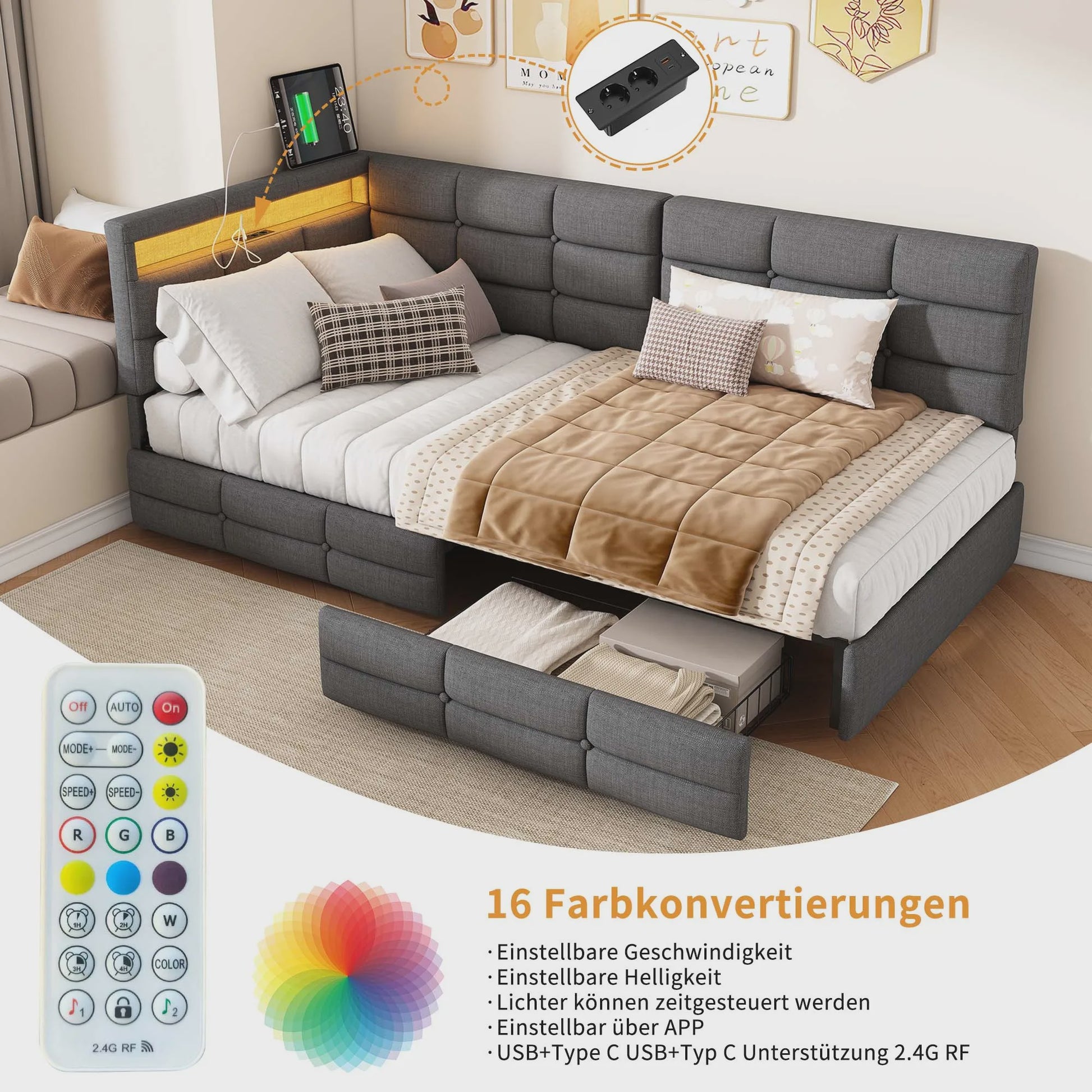 Multifunctioneel Sofa Bed met LED Verlichting, USB Opladen en 2 Lades - 90/140x200cm